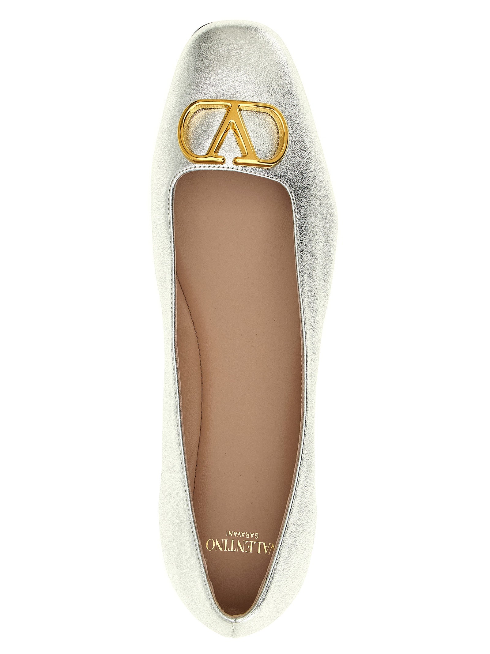 Silver Laminated Lamb Leather Ballet Flats with Square Toe
