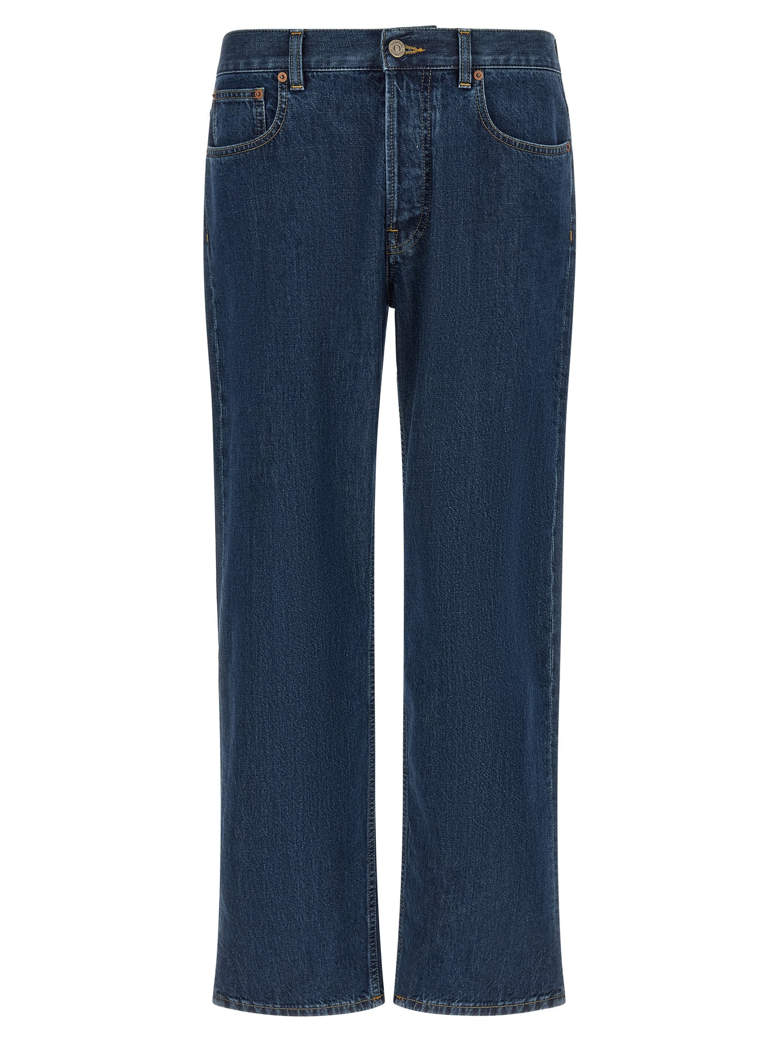Blue Cotton Straight-Leg Jeans with Gold VGold Detail