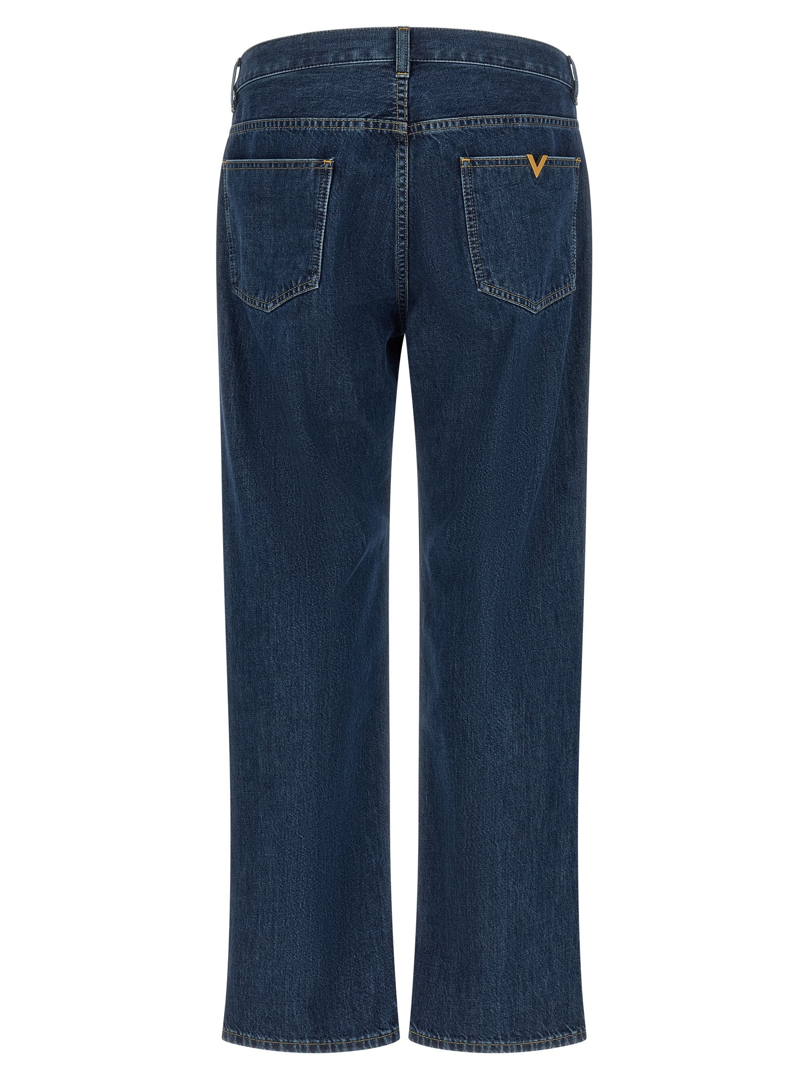 Blue Cotton Straight-Leg Jeans with Gold VGold Detail