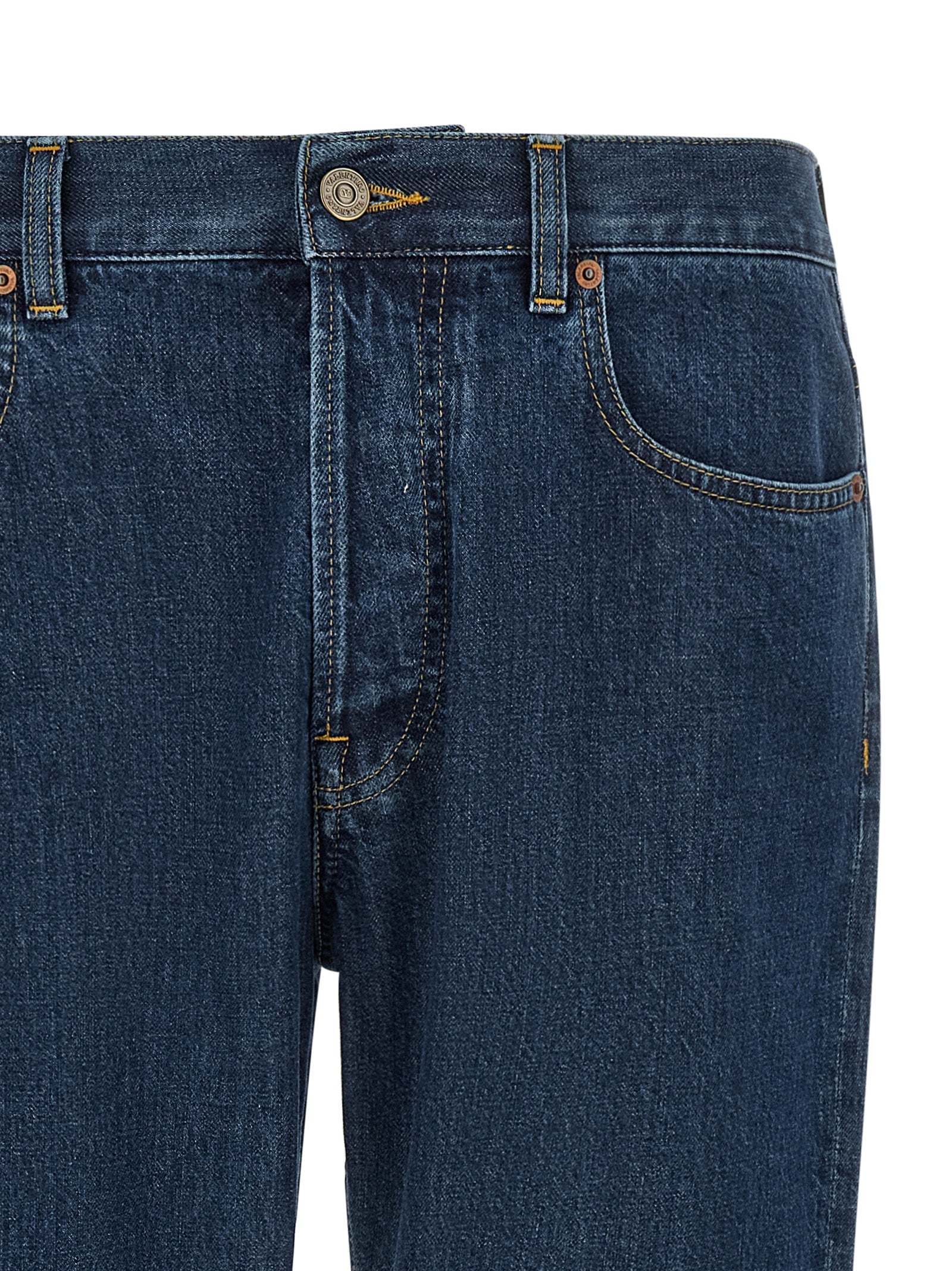 Blue Cotton Straight-Leg Jeans with Gold VGold Detail
