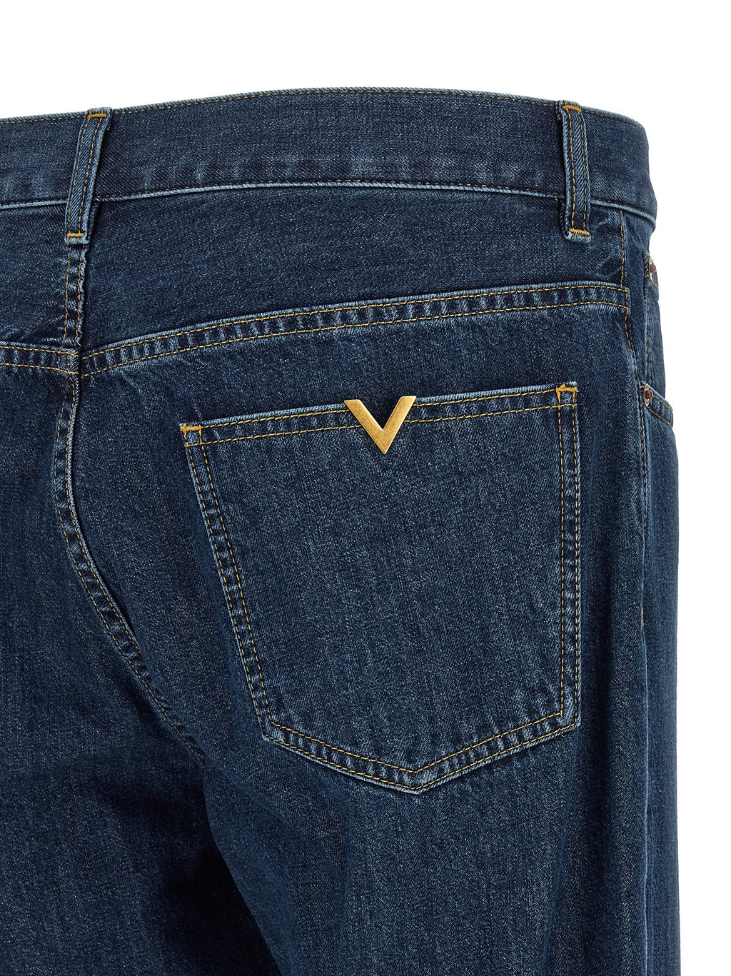 Blue Cotton Straight-Leg Jeans with Gold VGold Detail