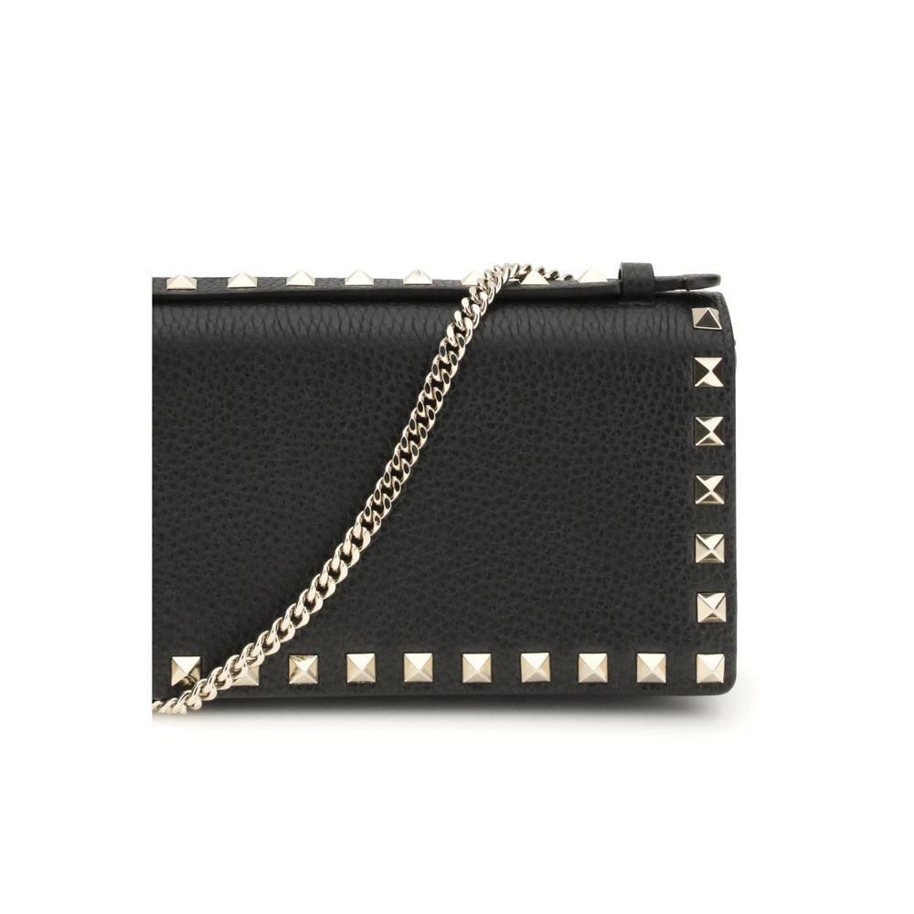 Black Calfskin Rockstud Chain Wallet