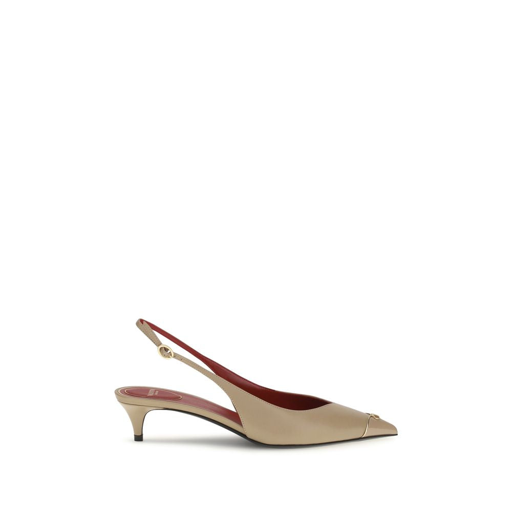 Beige Calfskin Kitten Heel Slingback Pumps