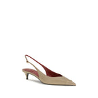 Beige Calfskin Kitten Heel Slingback Pumps