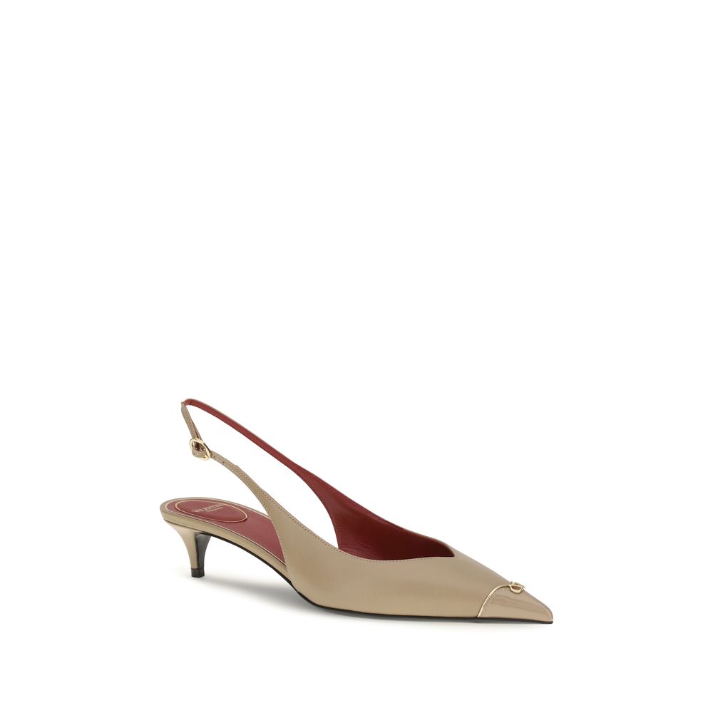 Beige Calfskin Kitten Heel Slingback Pumps