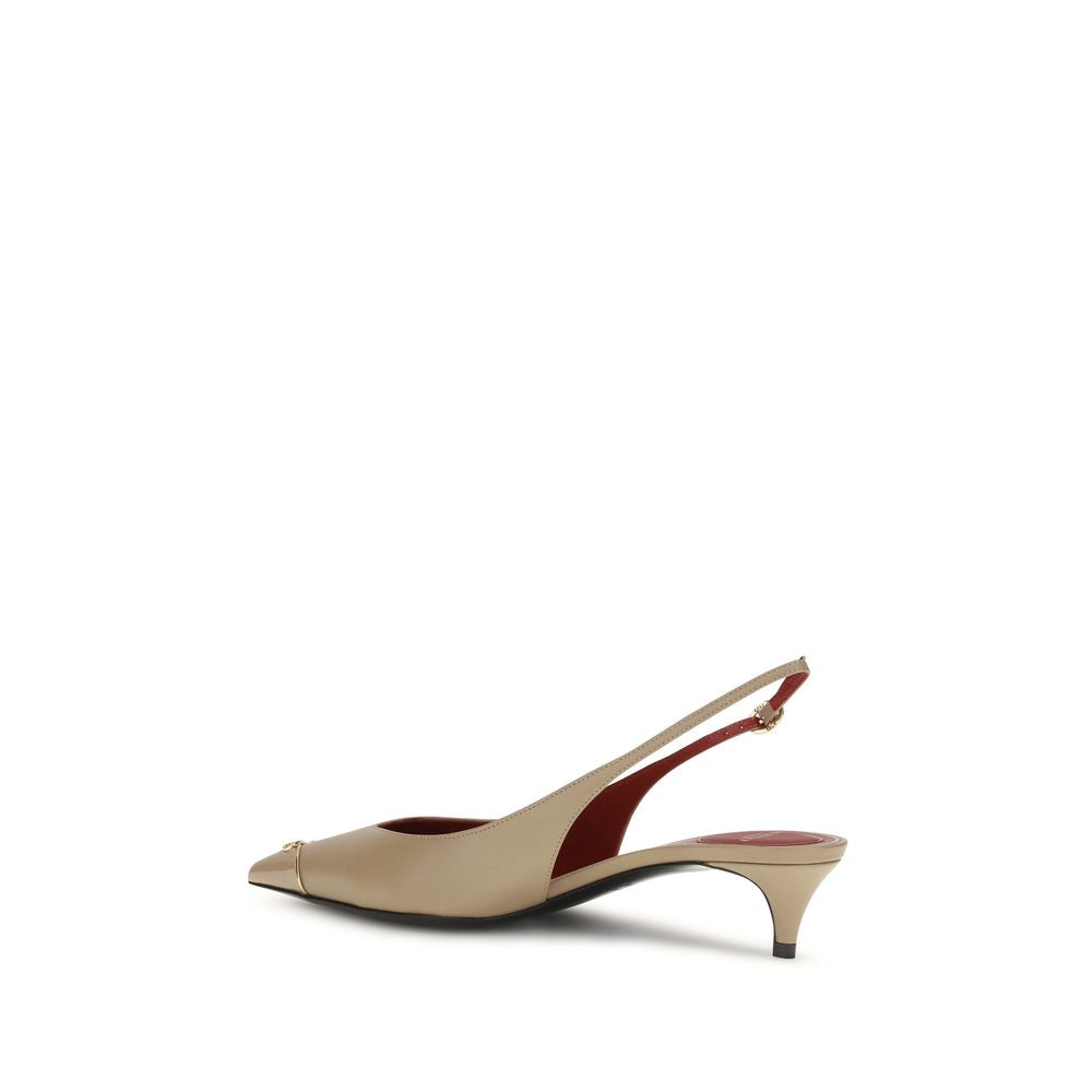 Beige Calfskin Kitten Heel Slingback Pumps