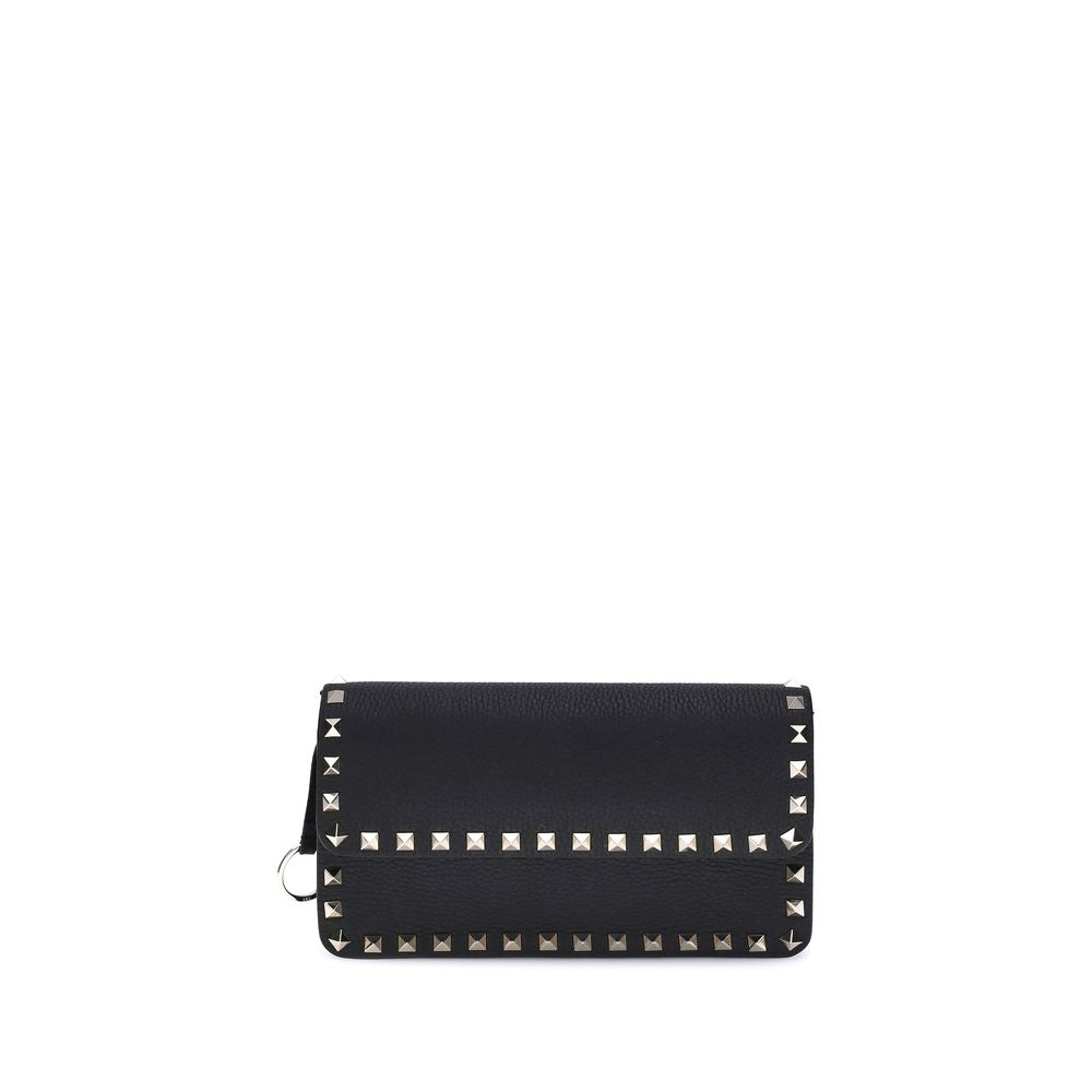 Black Calfskin Rockstud Chain Wallet