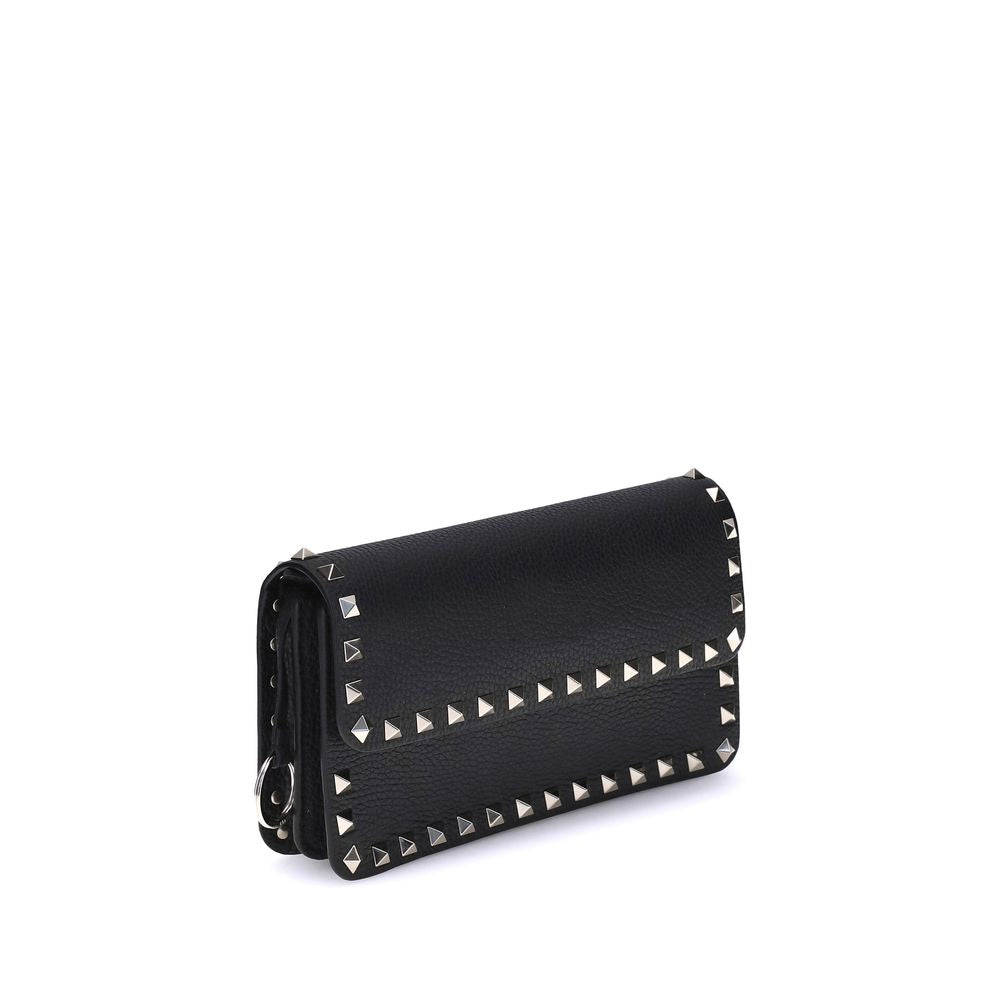 Black Calfskin Rockstud Chain Wallet