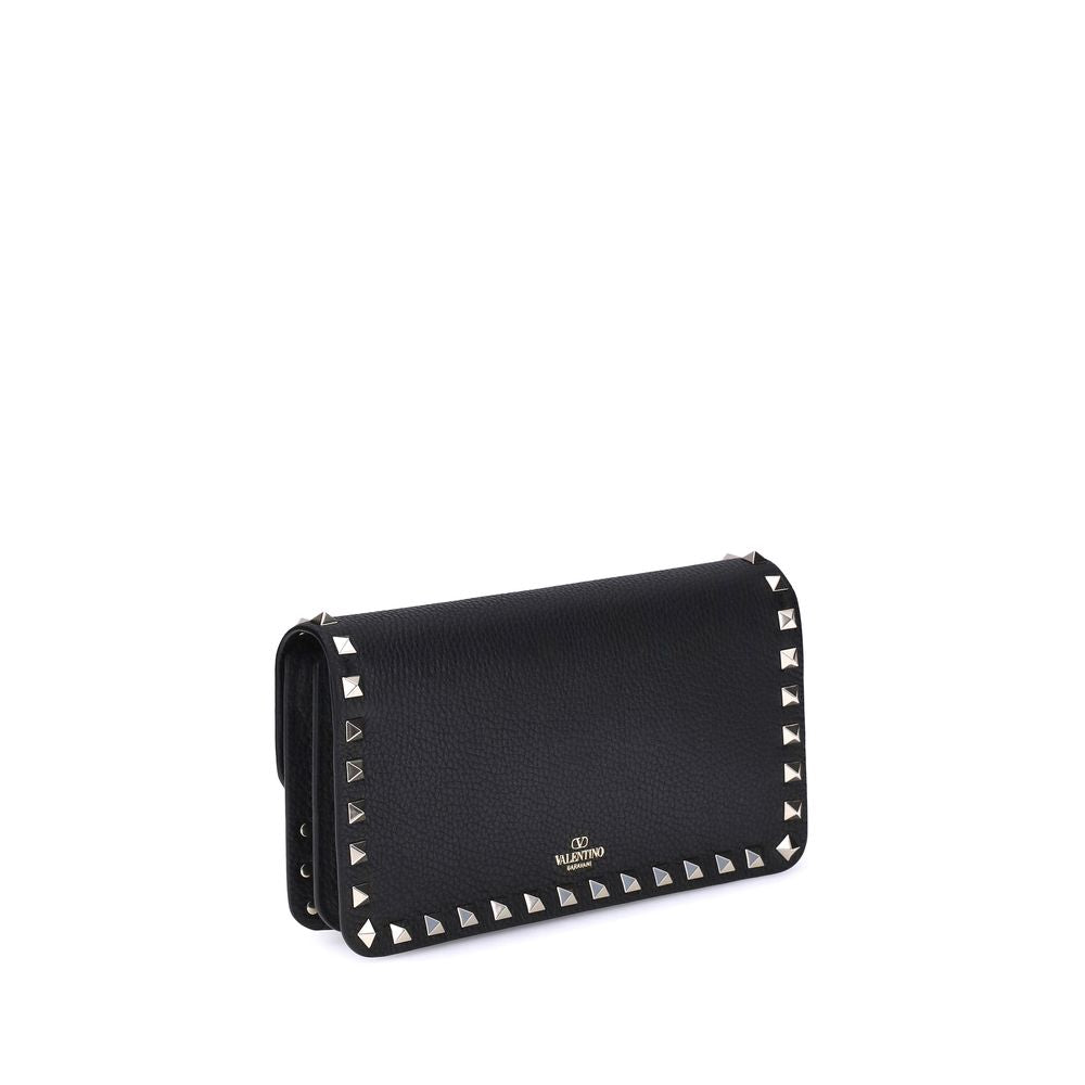Black Calfskin Rockstud Chain Wallet