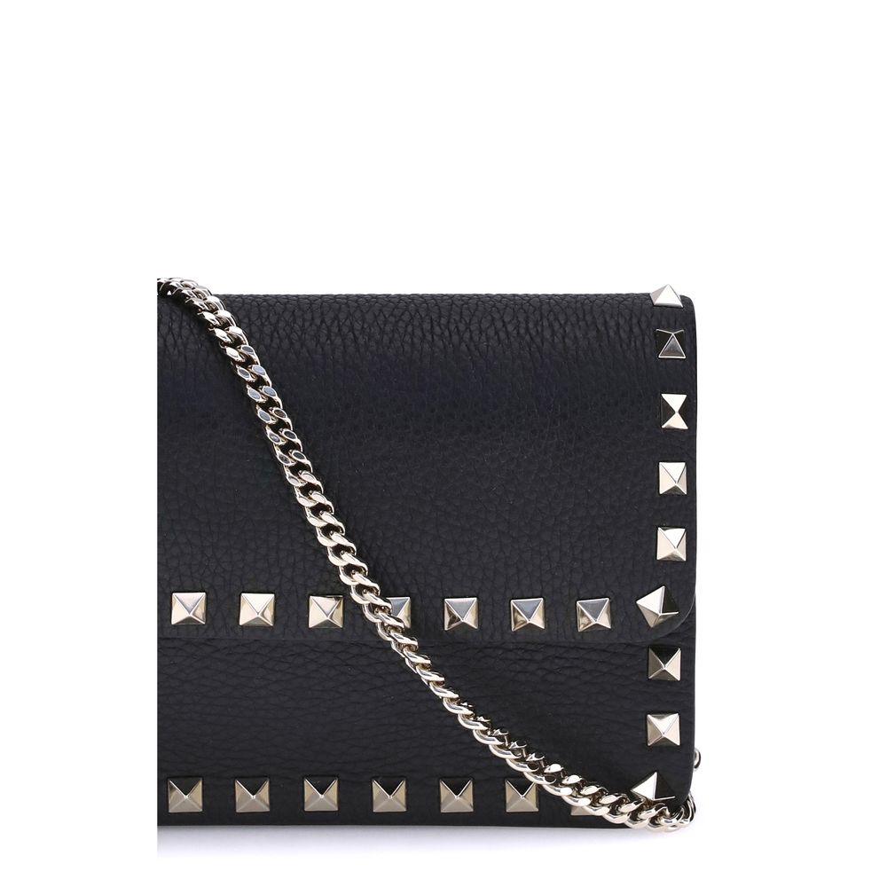 Black Calfskin Rockstud Chain Wallet