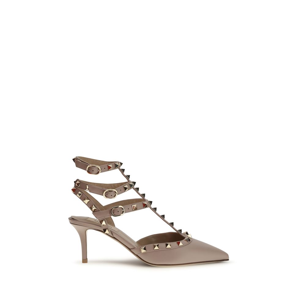 Beige Calfskin Rockstud Pumps