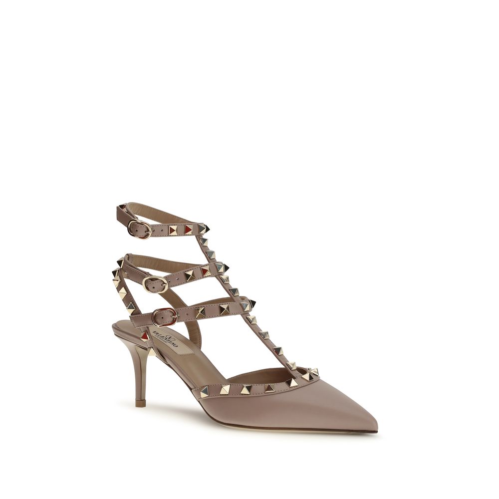 Beige Calfskin Rockstud Pumps