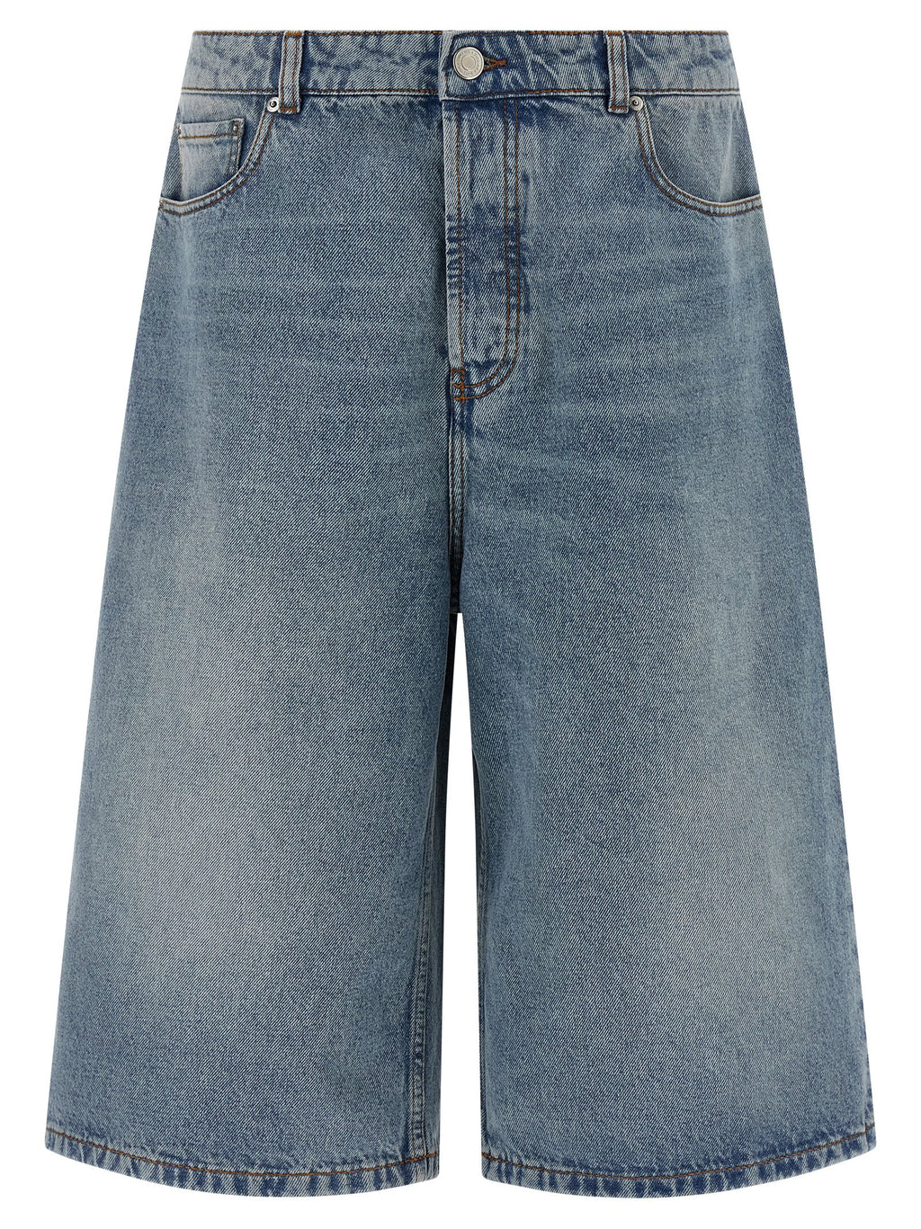 Stone-Washed Cotton Denim Flared Bermuda Shorts