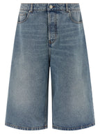 Stone-Washed Cotton Denim Flared Bermuda Shorts