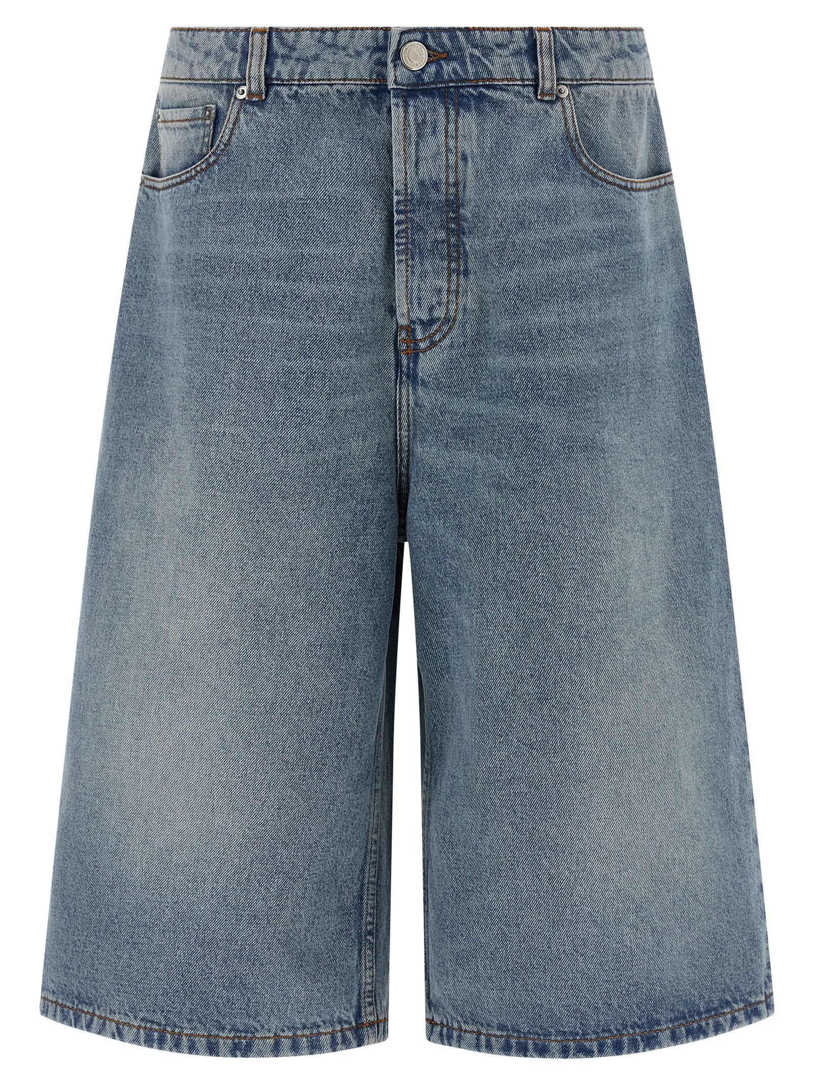 Stone-Washed Cotton Denim Flared Bermuda Shorts