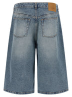Stone-Washed Cotton Denim Flared Bermuda Shorts