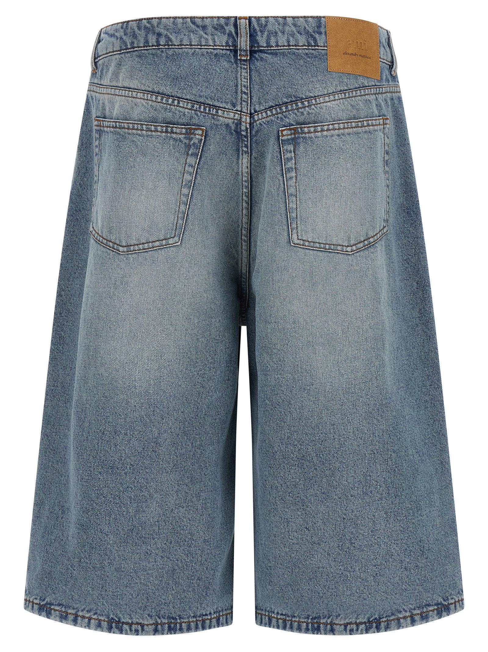 Stone-Washed Cotton Denim Flared Bermuda Shorts