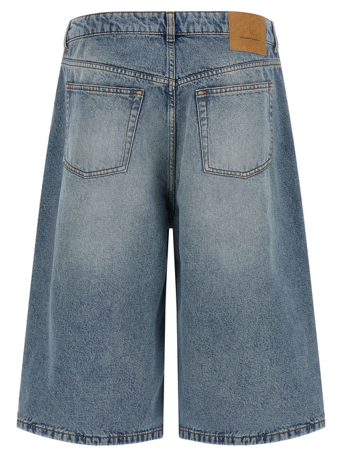 Stone-Washed Cotton Denim Flared Bermuda Shorts