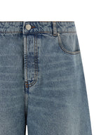 Stone-Washed Cotton Denim Flared Bermuda Shorts