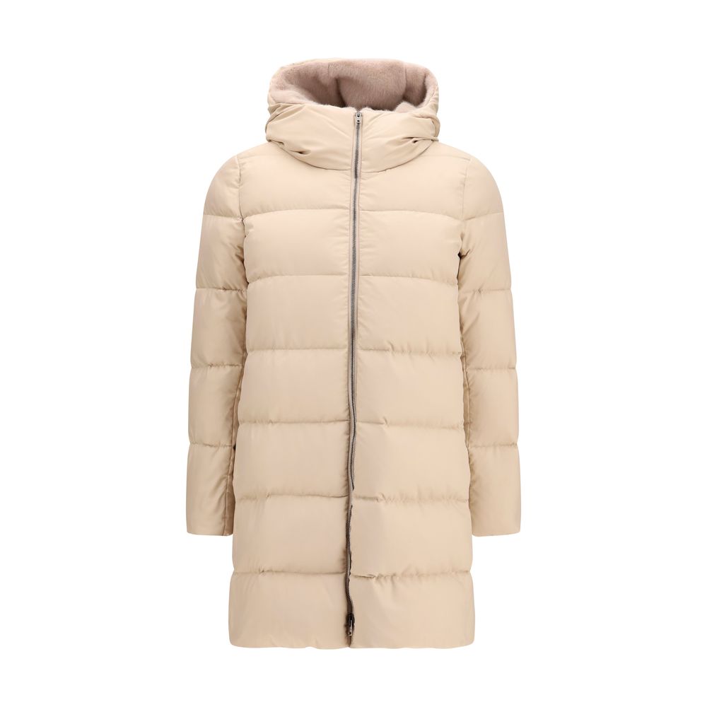 Beige Quilted Down Full-Length Jacket
