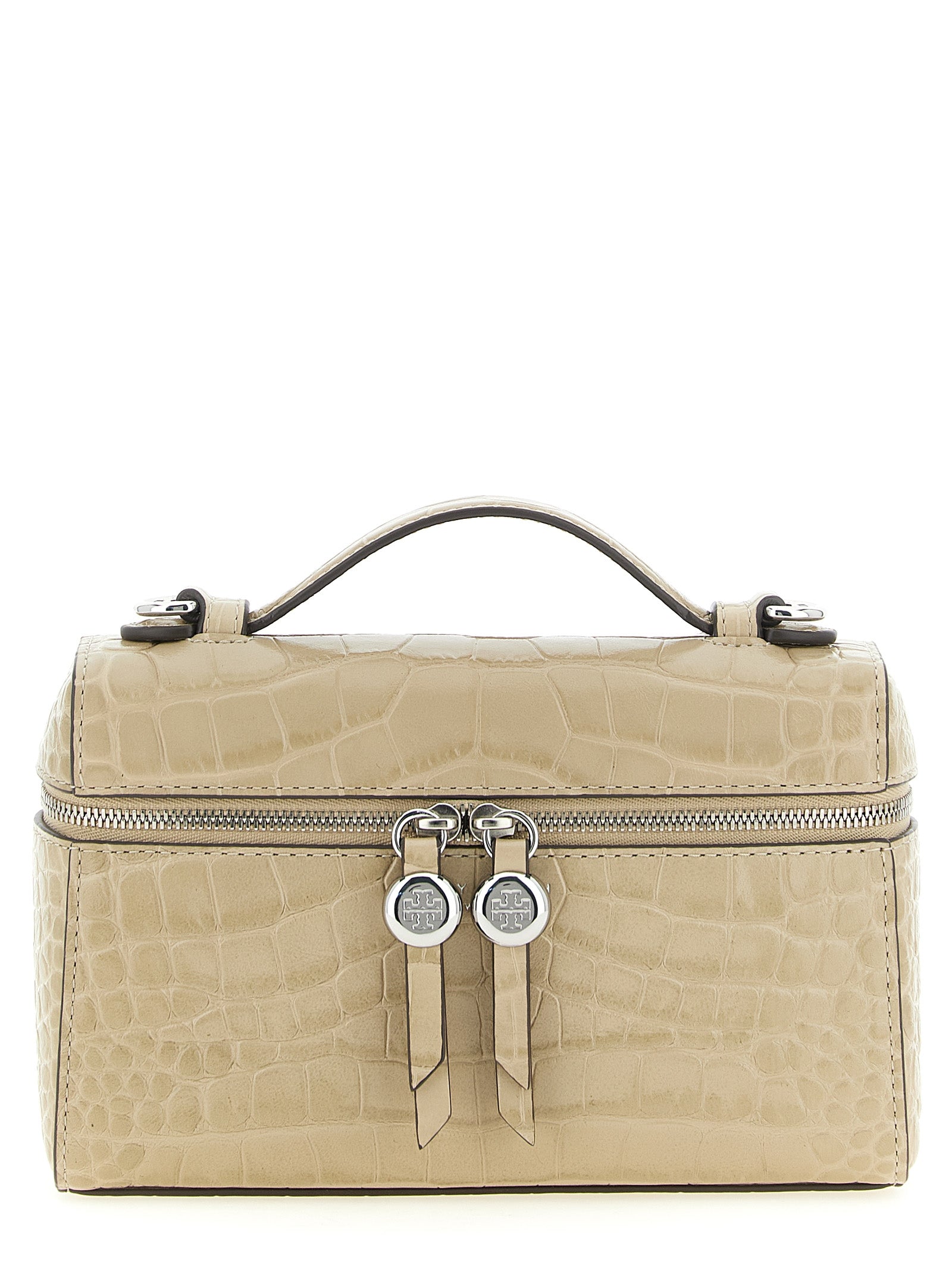 Romy Slim Beige Cow Leather Crocodile Print Shoulder Bag