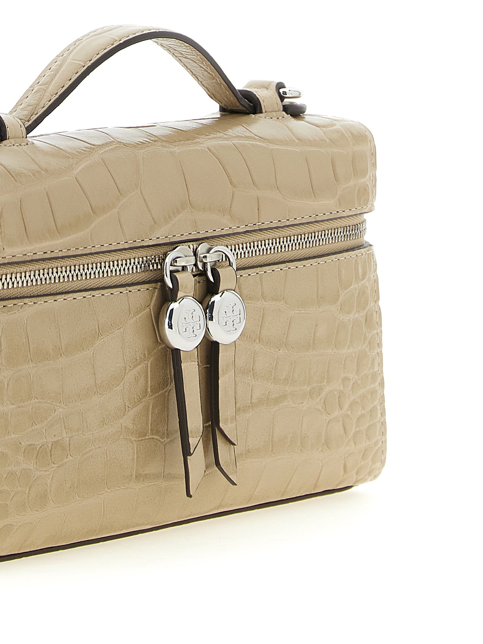 Romy Slim Beige Cow Leather Crocodile Print Shoulder Bag