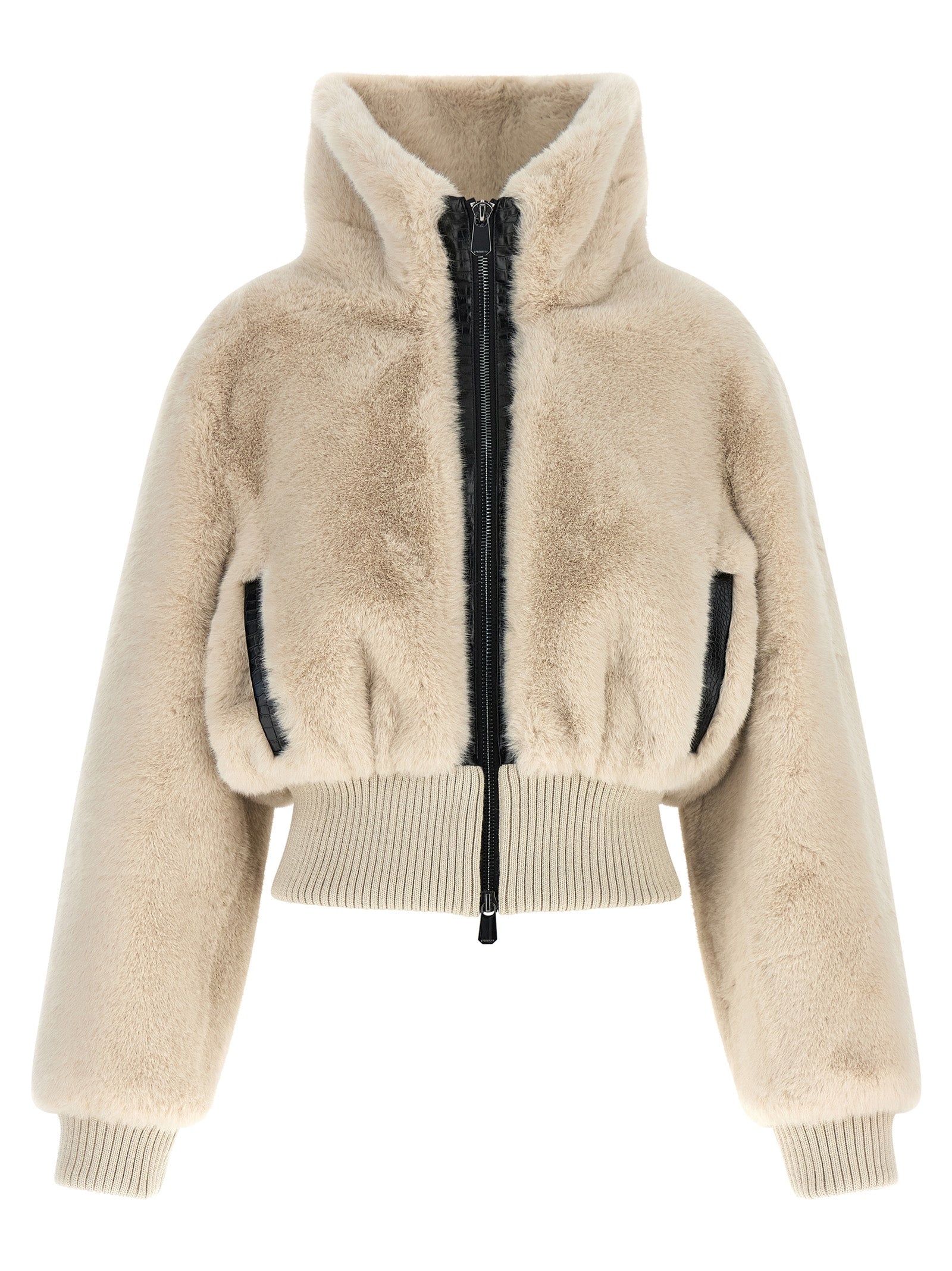 Beige Fur-Effect Polyester Full-Length Jacket