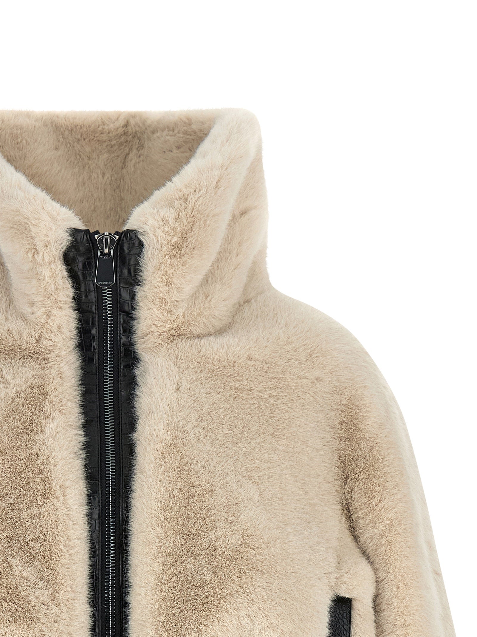 Beige Fur-Effect Polyester Full-Length Jacket