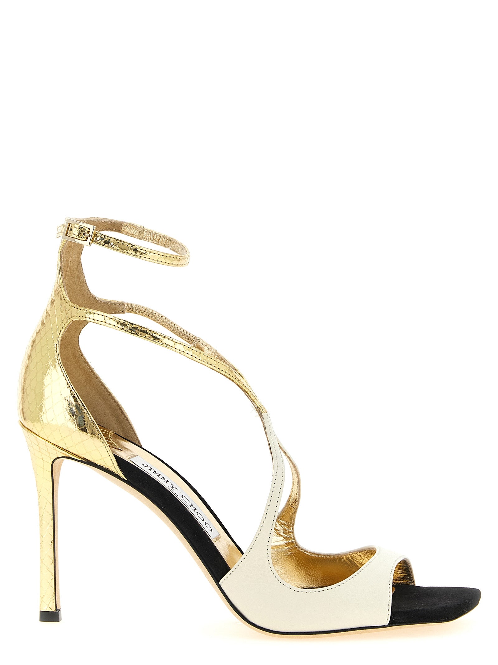 Azia Stiletto Heel Sandals Smooth Leather and Gold Metallic Leather Reptile Print