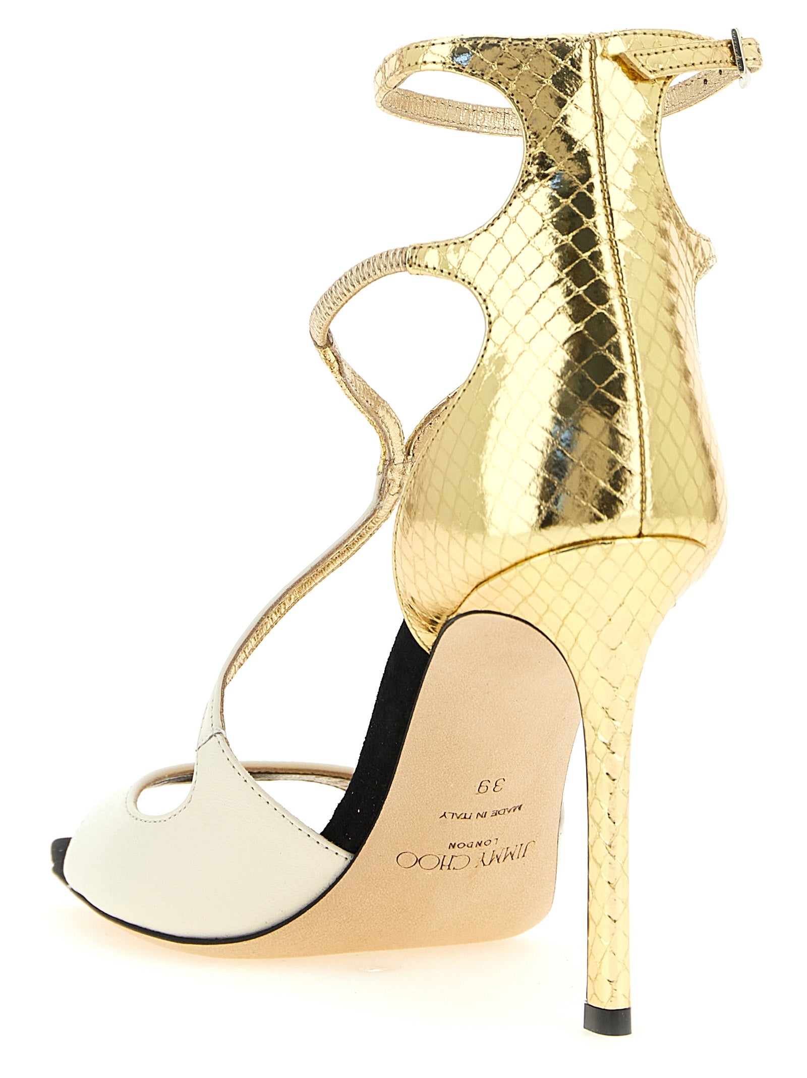 Azia Stiletto Heel Sandals Smooth Leather and Gold Metallic Leather Reptile Print