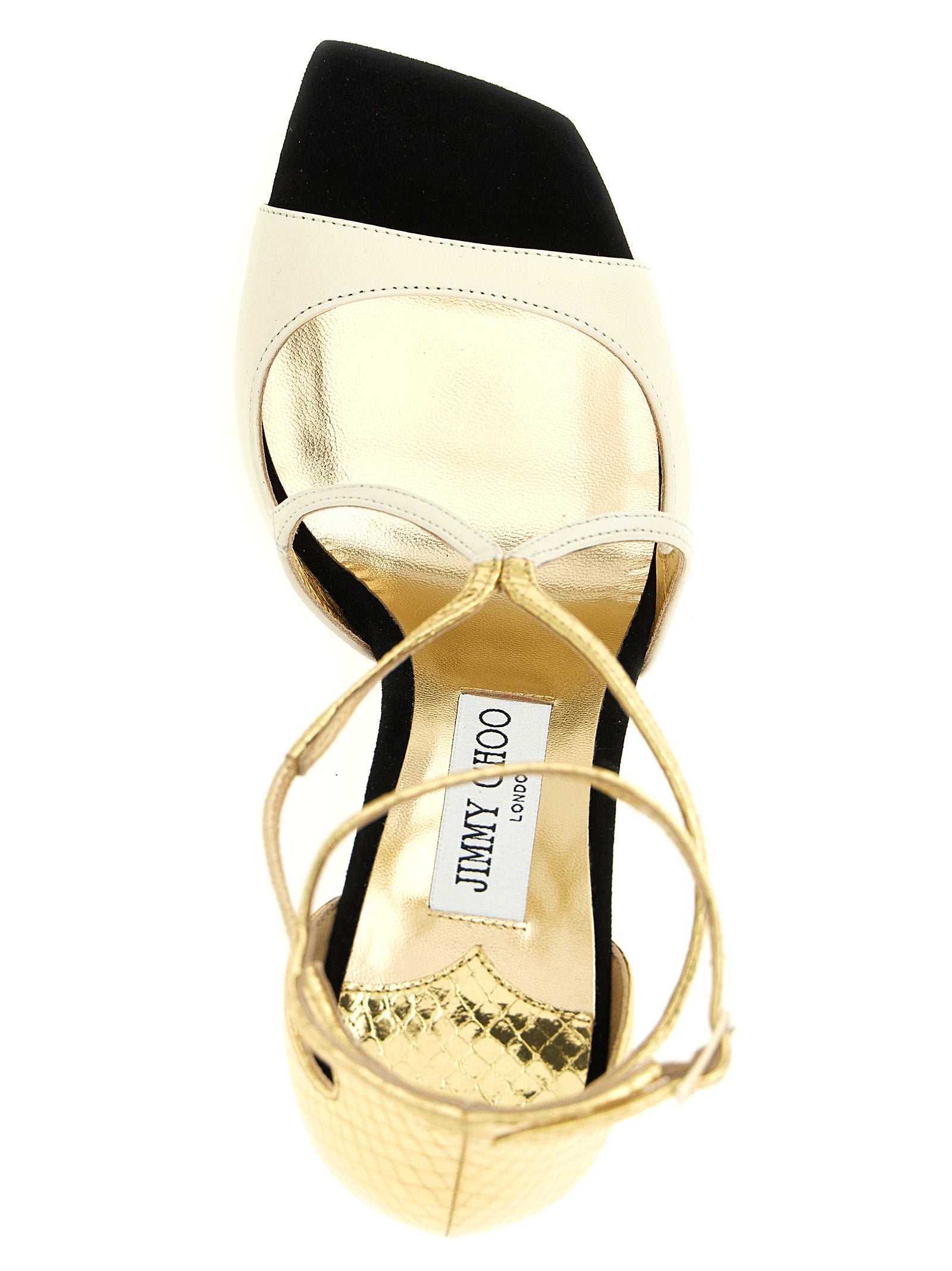 Azia Stiletto Heel Sandals Smooth Leather and Gold Metallic Leather Reptile Print