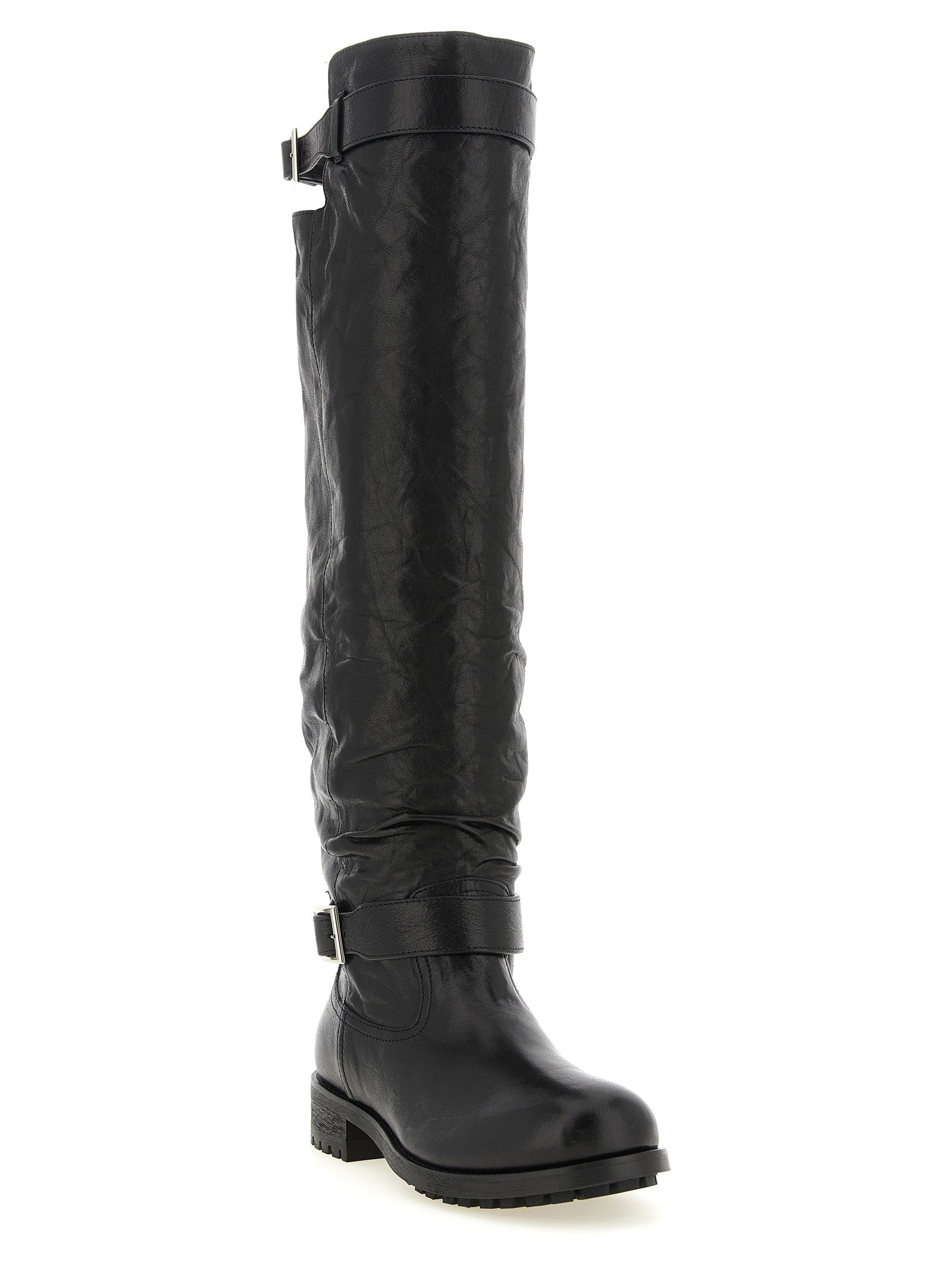 Black Textured Leather Biker Kb Boots