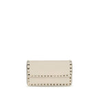 Beige Calf Leather Rockstud Chain Wallet