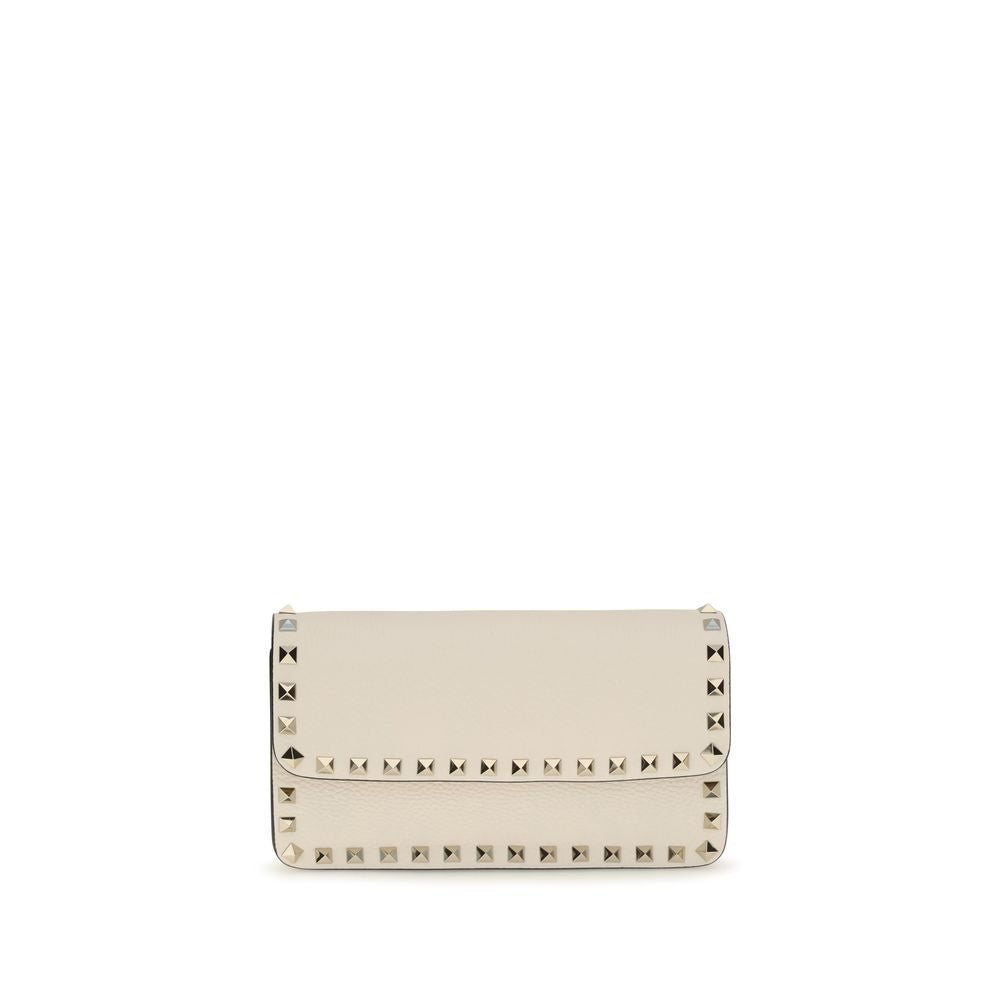 Beige Calf Leather Rockstud Chain Wallet