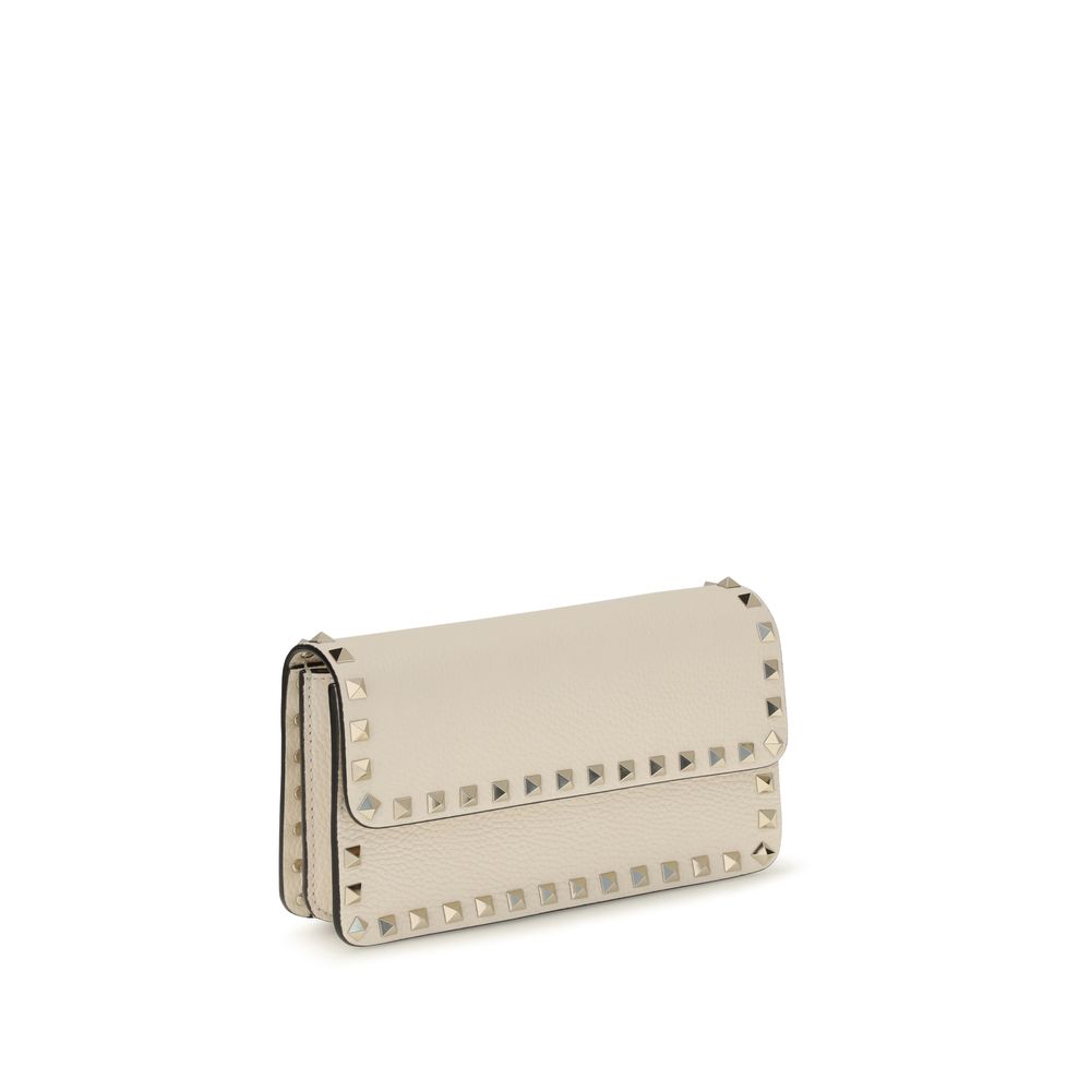 Beige Calf Leather Rockstud Chain Wallet