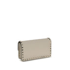 Beige Calf Leather Rockstud Chain Wallet