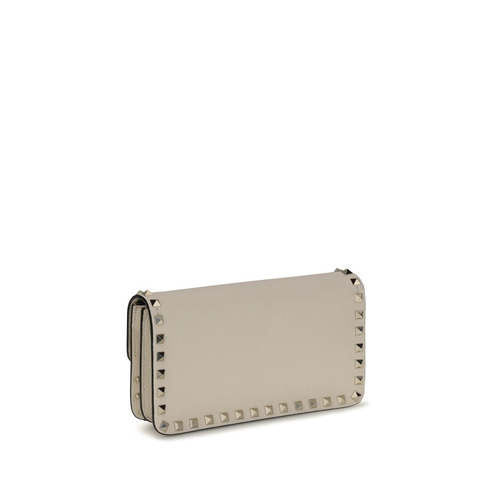 Beige Calf Leather Rockstud Chain Wallet