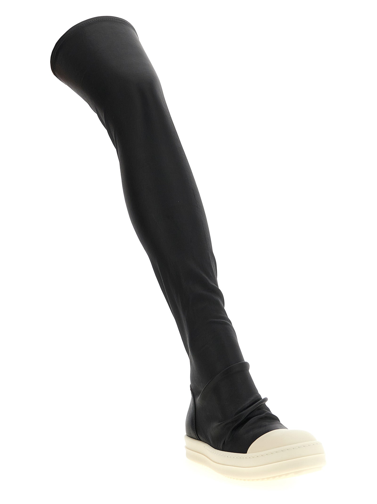Black Stretch Grained Leather High Stocking Sneaks Boots