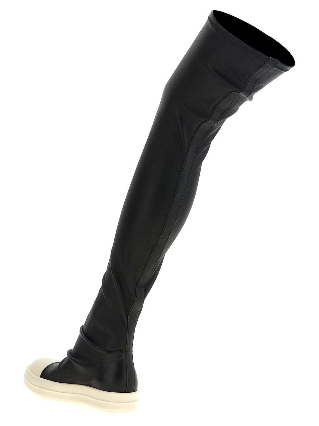 Black Stretch Grained Leather High Stocking Sneaks Boots