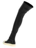 Black Stretch Grained Leather High Stocking Sneaks Boots