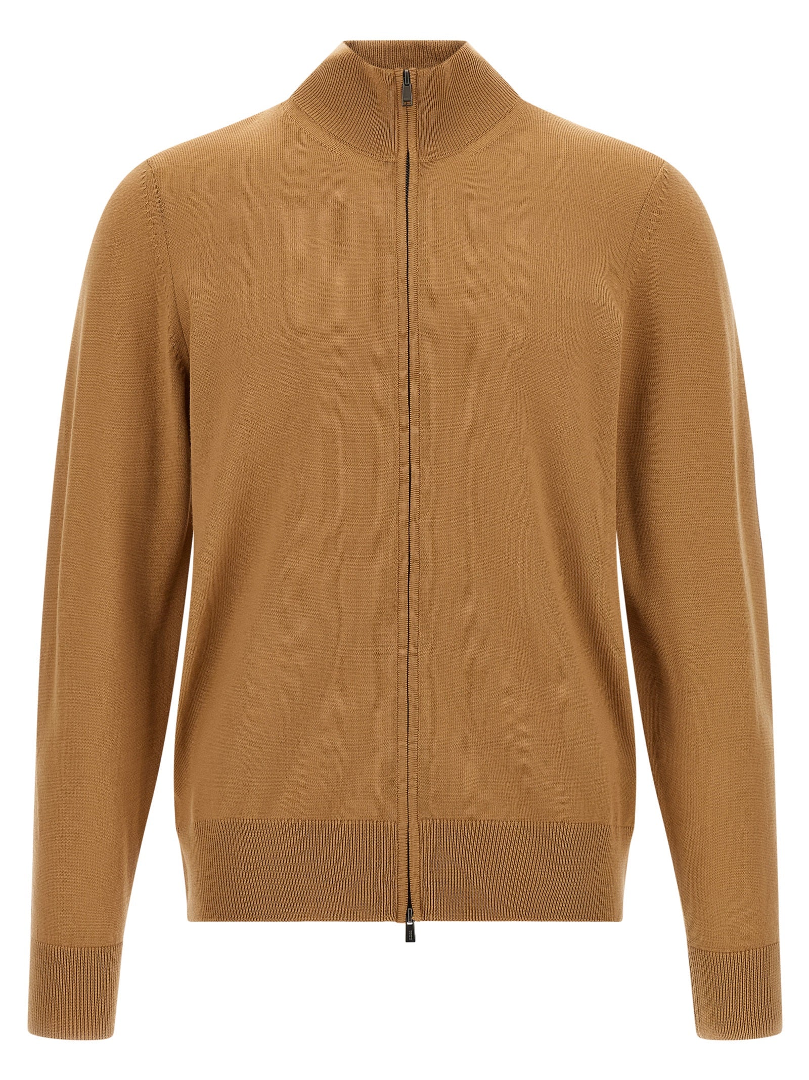 Brown Virgin Wool High Neck Cardigan