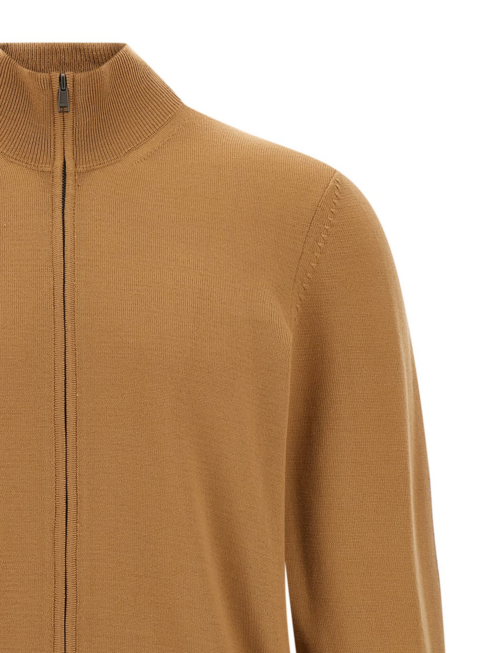 Brown Virgin Wool High Neck Cardigan