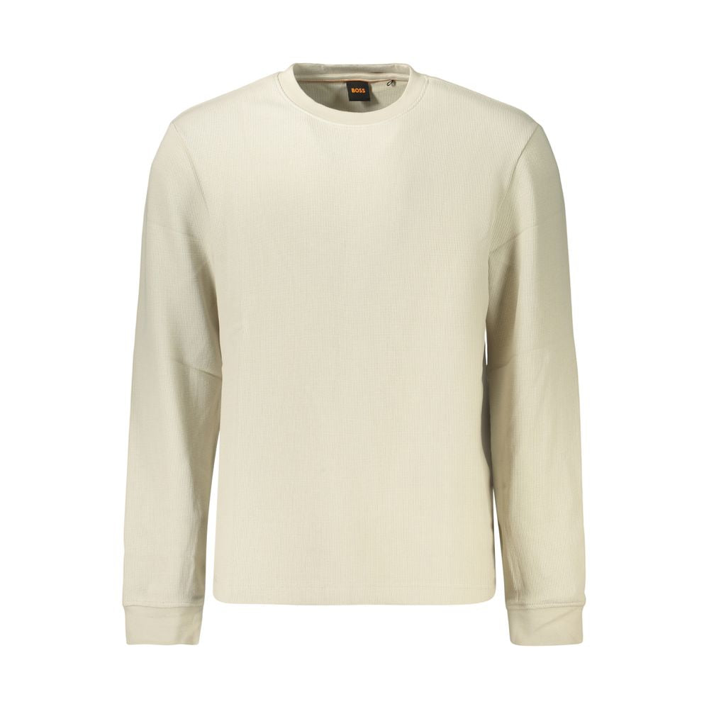 Beige Cotton Long-Sleeved Crew Neck Shirt