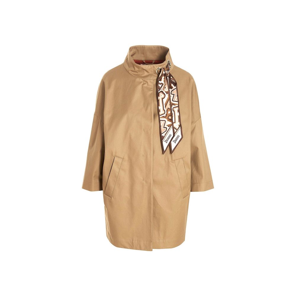 Brown Cotton Long Coat With Removable Scarf