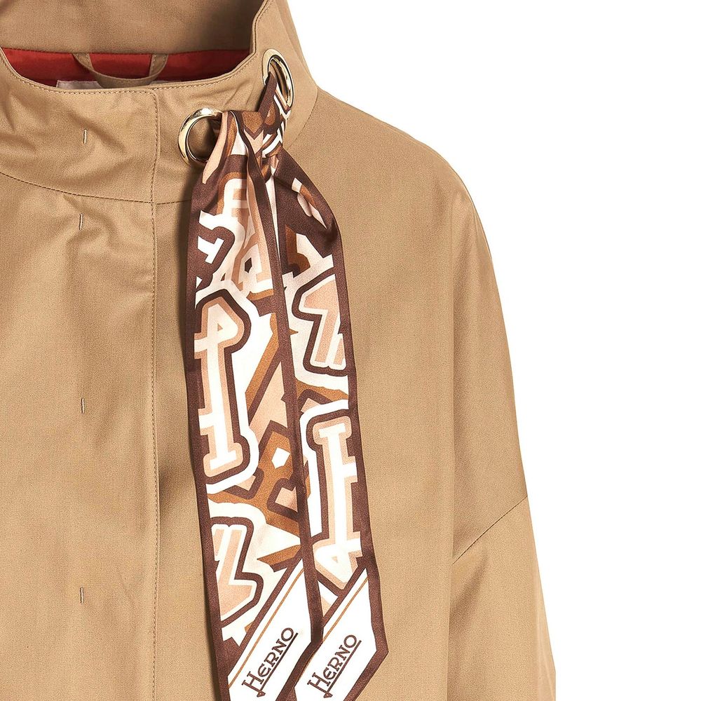 Brown Cotton Long Coat With Removable Scarf