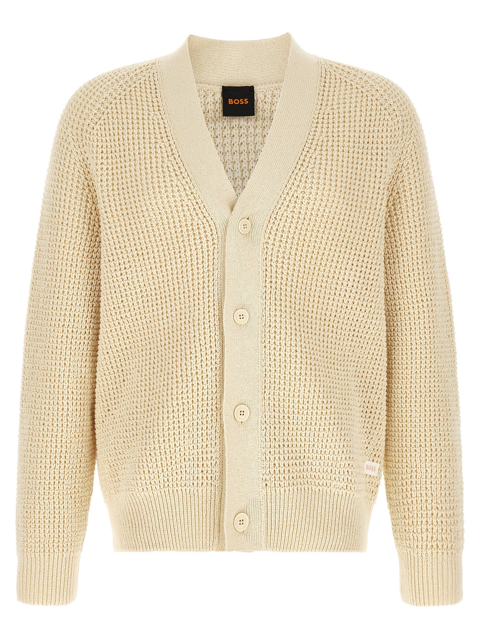 Beige Structured Cotton V‑Neck Cardigan