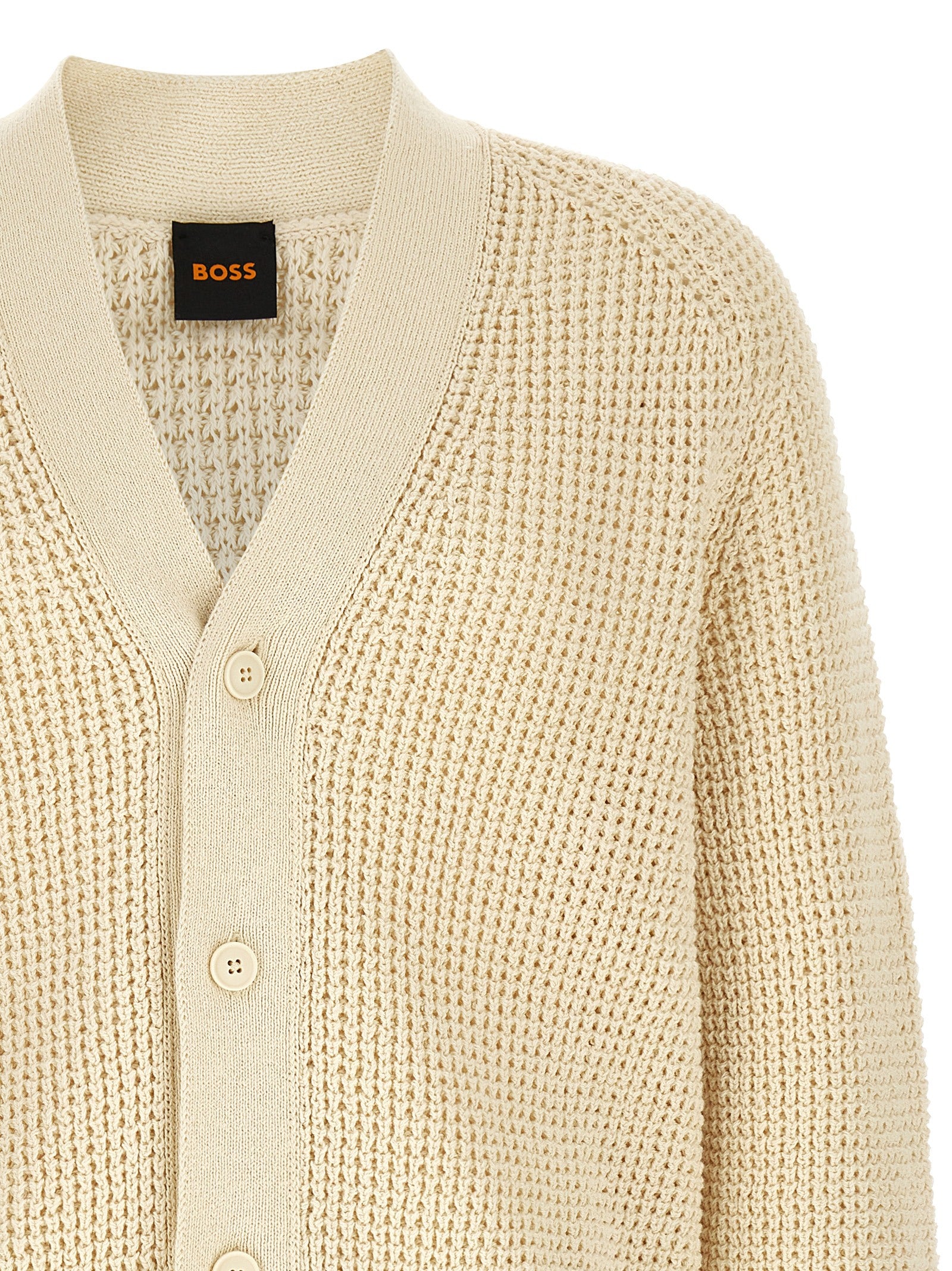 Beige Structured Cotton V‑Neck Cardigan