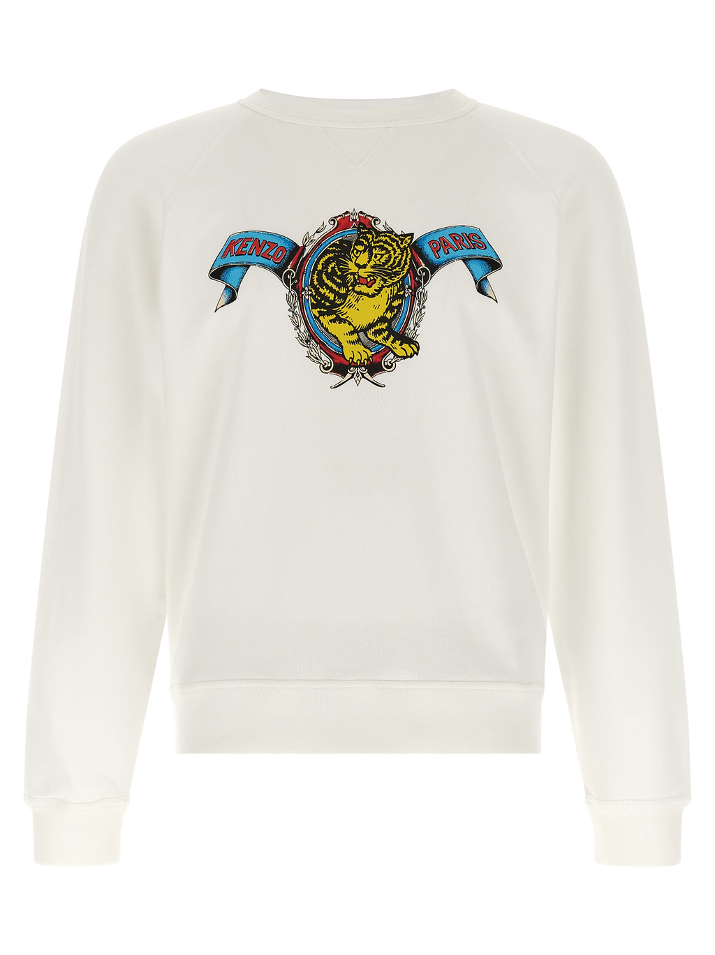 White Viscose-Cotton Blend Crewneck Sweatshirt with Jumping Tiger