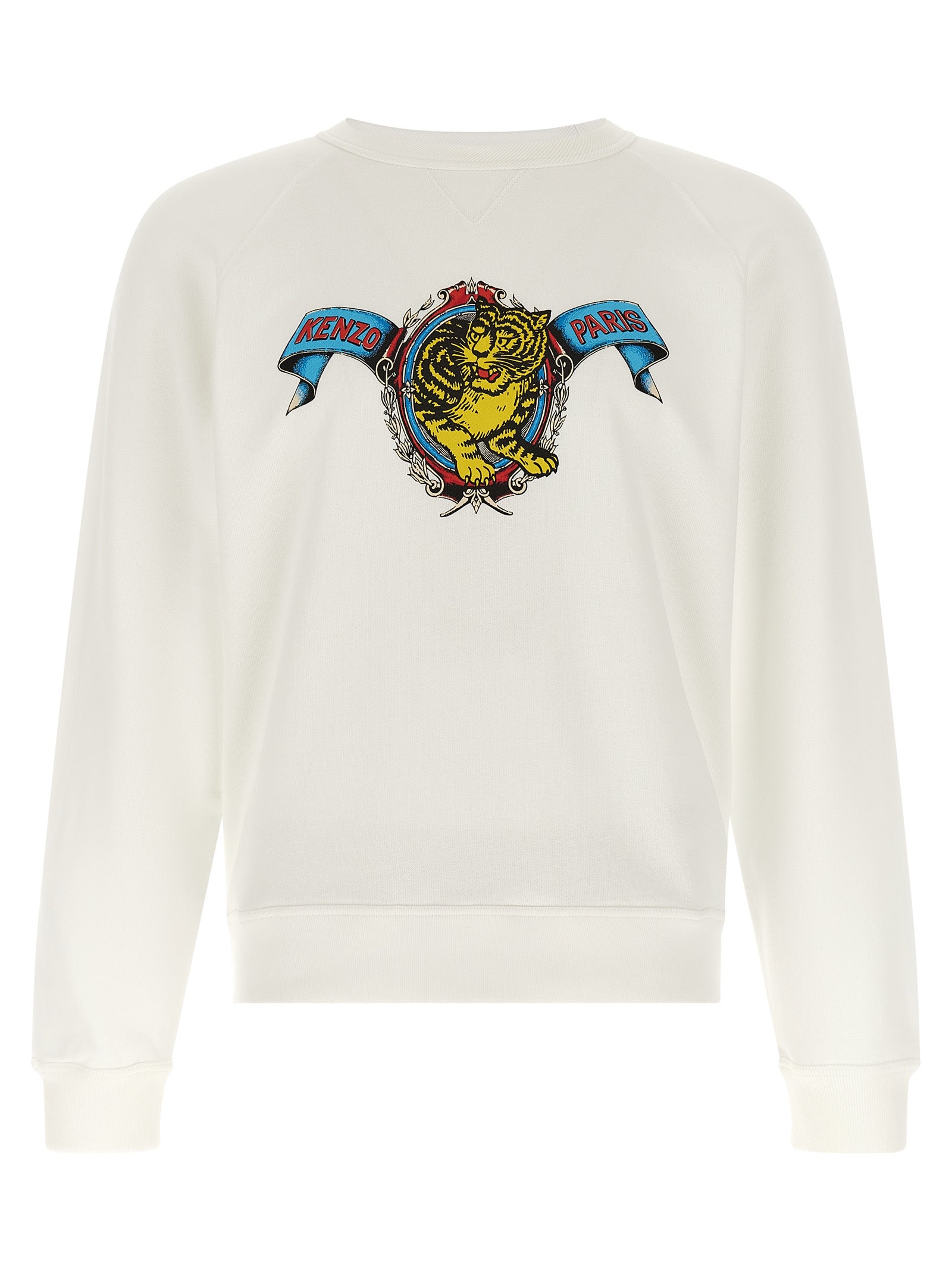 White Viscose-Cotton Blend Crewneck Sweatshirt with Jumping Tiger