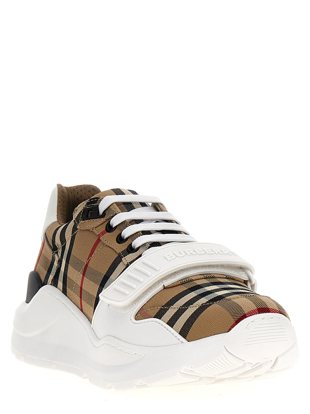 Beige Cotton Check Print Sneakers